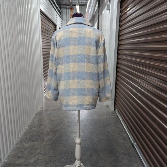 Kensie Women's Small Cream and Blue Plaid Button Up Trucker Jacket Coat - Picture 4 of 4